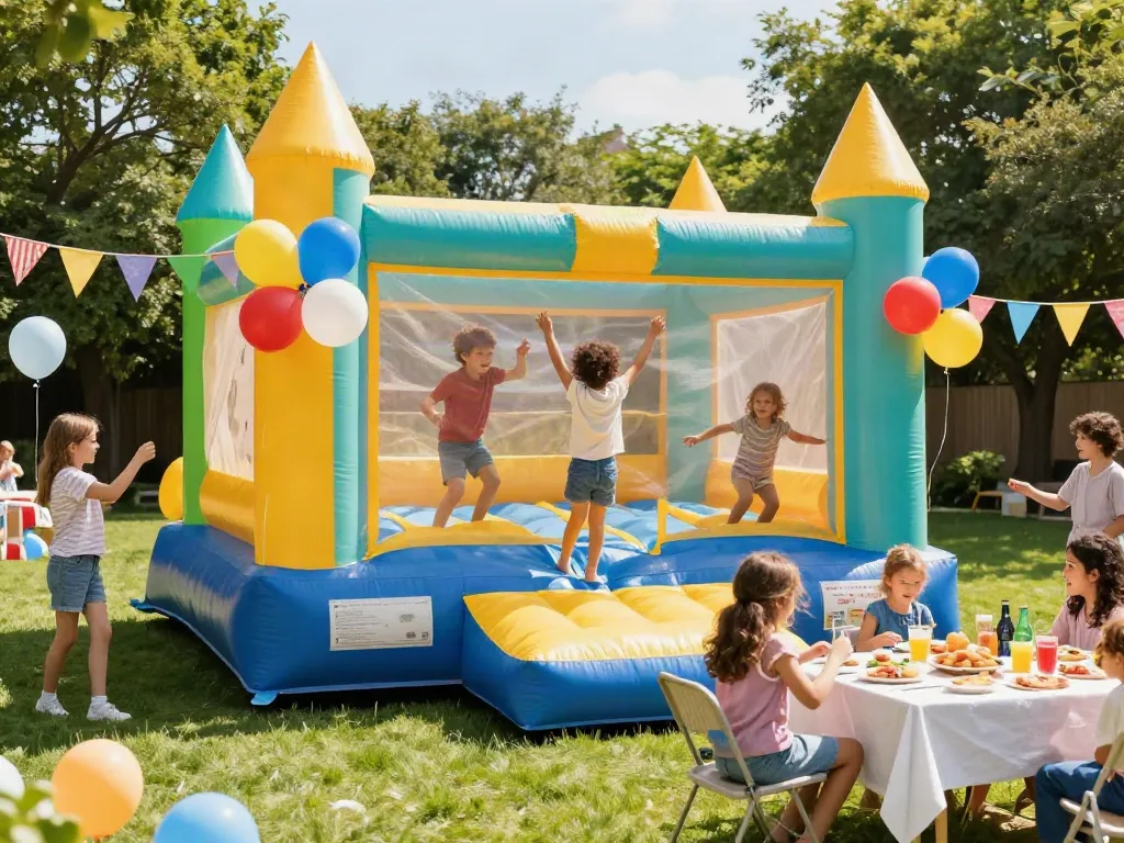 Kids bouncing in a colorful bounce castle during a fun birthday party.