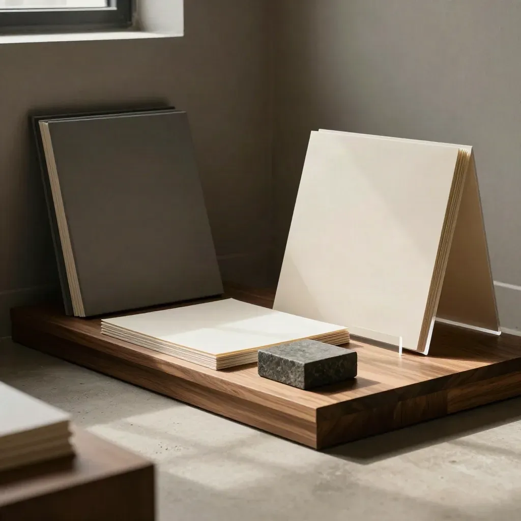 Charcoal portfolio, blank layout boards, and acrylic stand in a moody studio beam