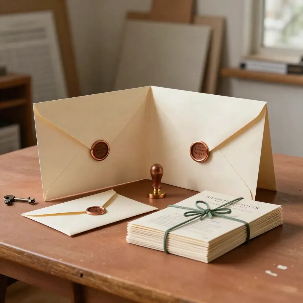 Copper-accented launch support kit with envelopes, folder, and announcement packets on a terracotta table.