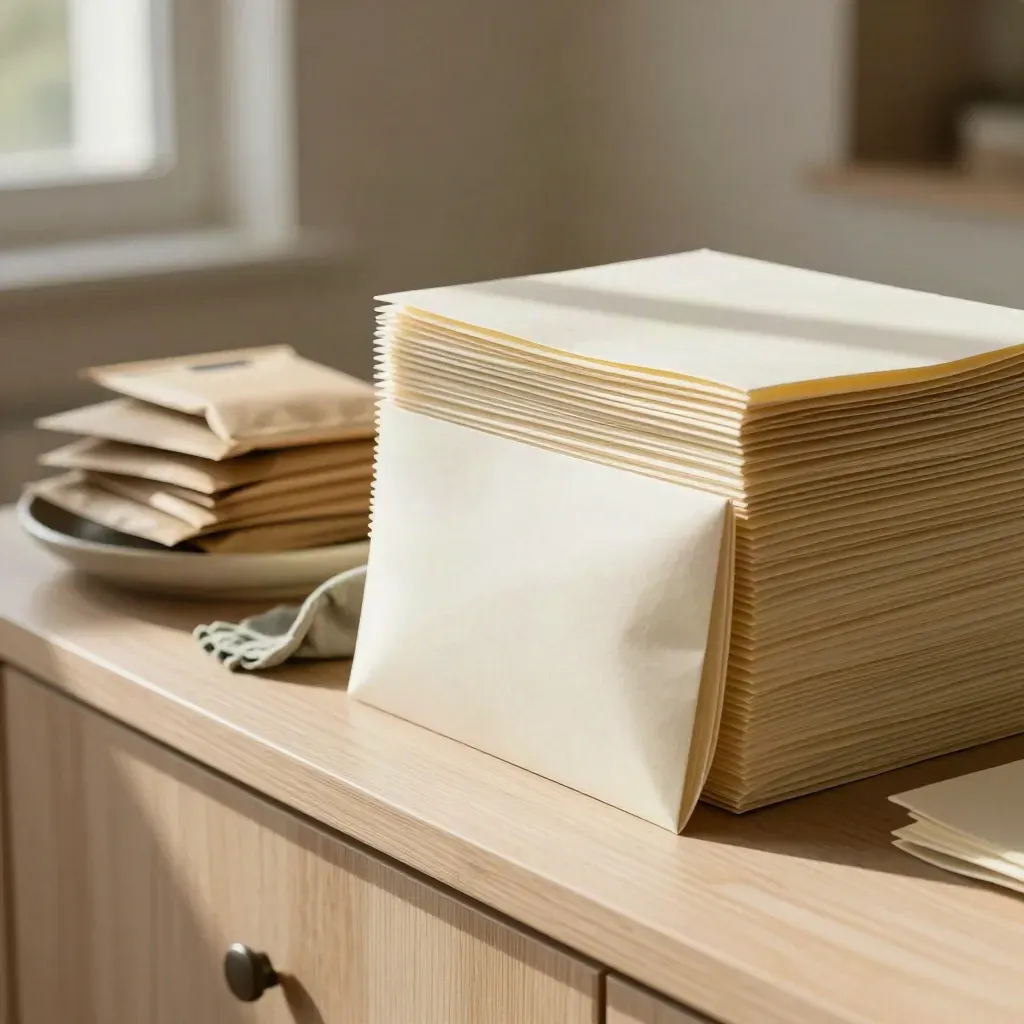 Stacks of welcome packets and sealed mailers on a tidy console in warm window light.