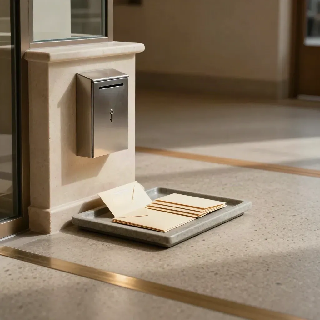 Empty nonprofit foyer with pedestal, envelope tray and donation drop box in dramatic light.