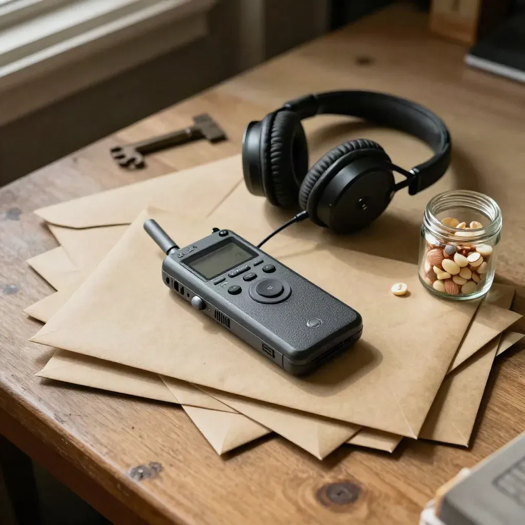 Audio recorder, headphones, envelopes, and survey tokens arranged on an archive surface.