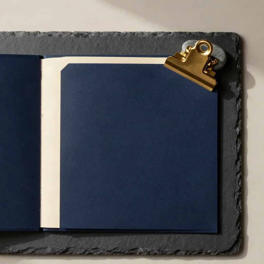 Top-down still life of a briefing folder, tab divider, brass clip and stone paperweight on dark slate.