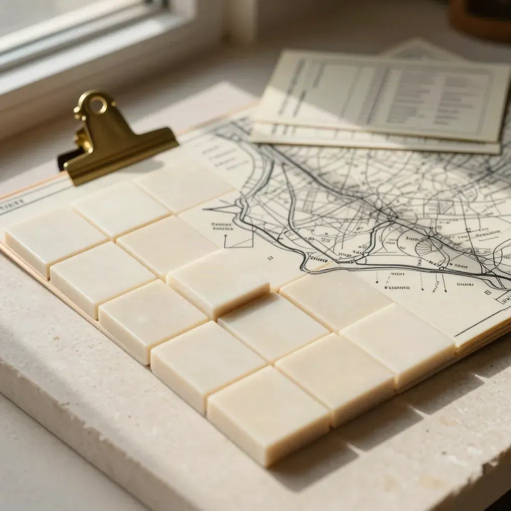 Overhead ivory planning blocks, folded board and brass clip on pale stone