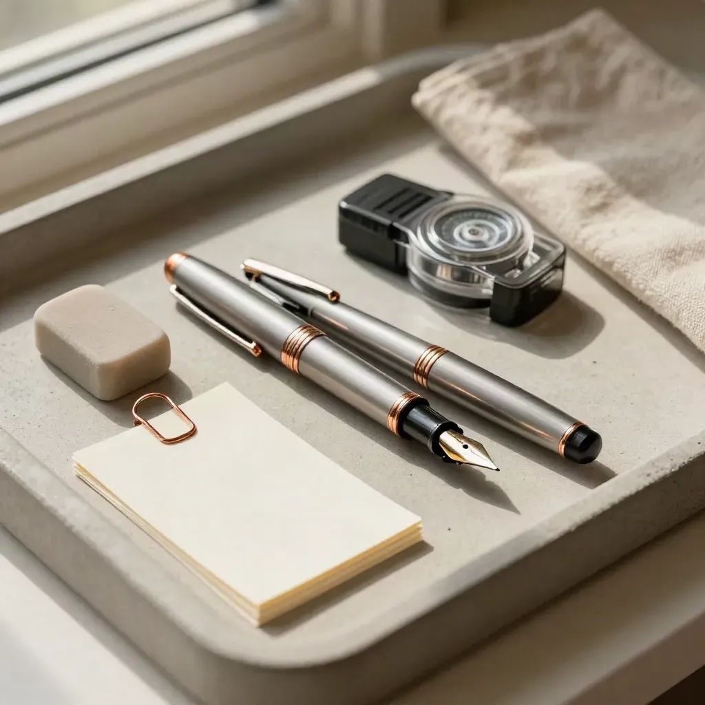 Fountain pen nib, eraser, correction tape and draft cards on a concrete tray with linen