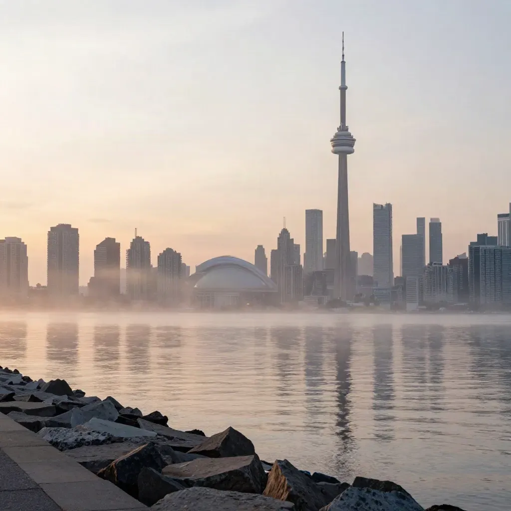 Toronto skyline above fog-soft Lake Ontario at dawn, with calm water and pale shoreline