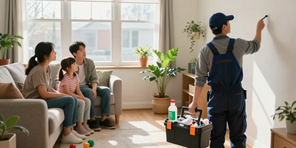 Pest control Calgary expert inspecting a cozy home with family in spring atmosphere.